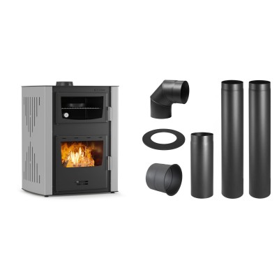Set Kaminofen, Holzofen Wasserführend mit Backfach Velmora Fire ATS HYDRO ΜΑSΙΝΑ 90-30, 35kW + Schornstein Bausatz PARKANEX, Stahl Ø150, Dicke 2mm - Kaminofen - Holzofen mit Backfach