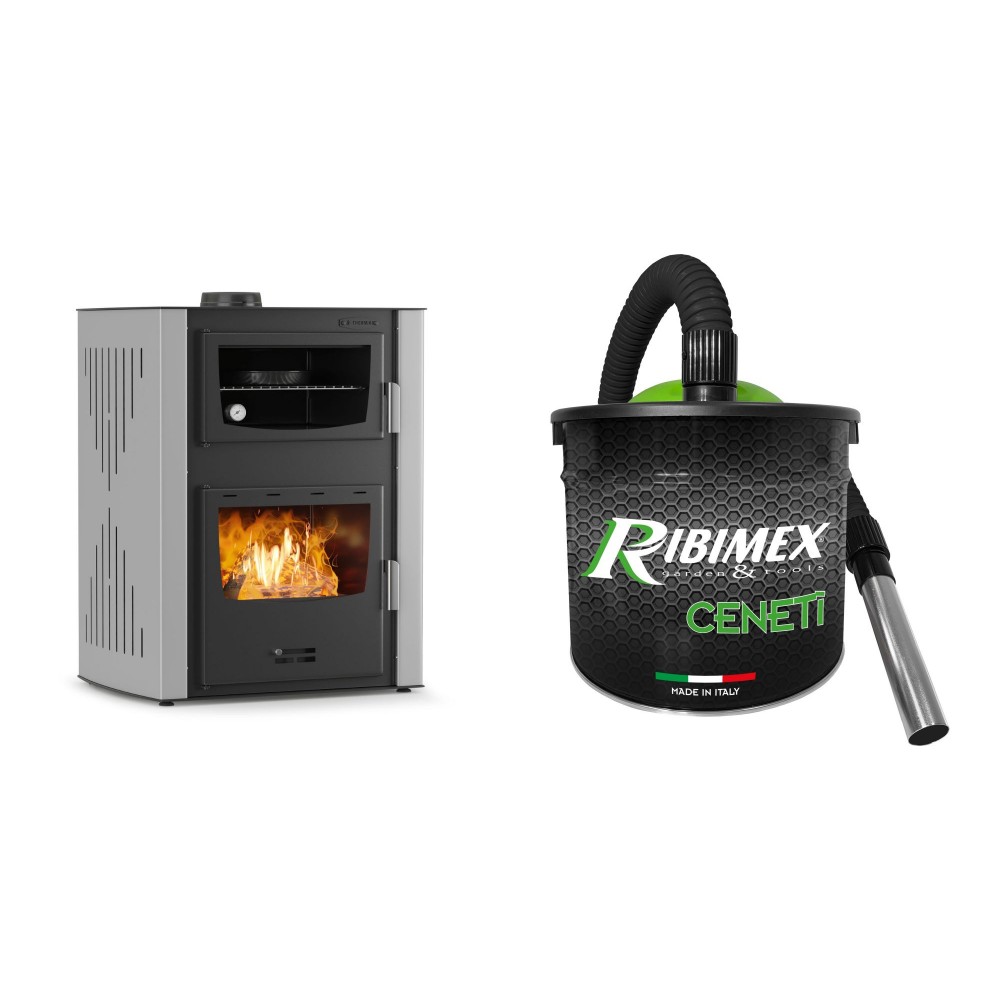 Set Kaminofen, Holzofen Wasserführend mit Backfach Velmora Fire ATS HYDRO ΜΑSΙΝΑ 90-30, 35kW + Elektrischer Aschesauger Ribimex, Modell Cenetì, Fassungsvermögen 15 L