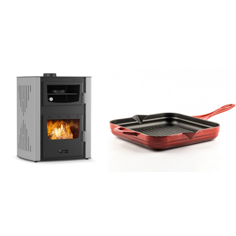 Set Kaminofen, Holzofen Wasserführend mit Backfach Velmora Fire ATS HYDRO ΜΑSΙΝΑ 90-30, 35kW + Emaillierte grillpfanne Gusseisen Solagio, Rubin, 28x28cm