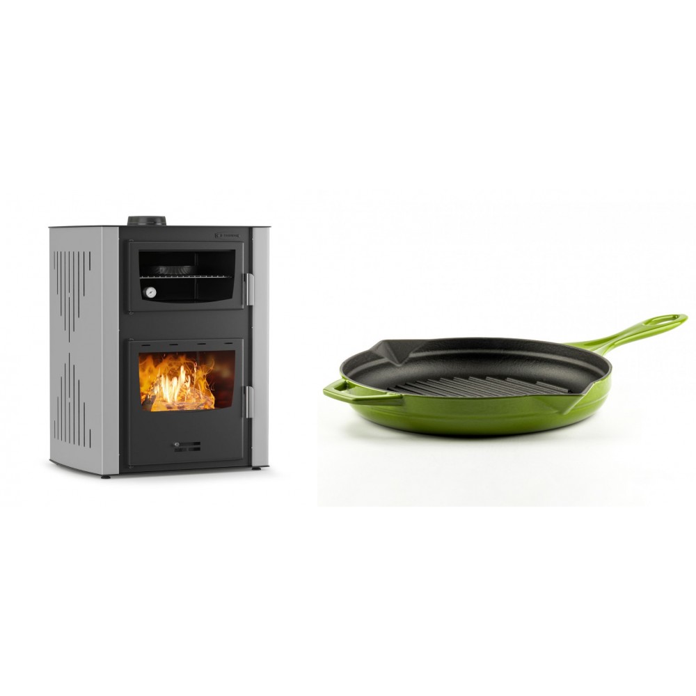 Set Kaminofen, Holzofen Wasserführend mit Backfach Velmora Fire ATS HYDRO ΜΑSΙΝΑ 90-30, 35kW + Emaillierte grillpfanne Gusseisen Solagio, Bamboo, Ф28cm | Holzofen | Kaminofen |