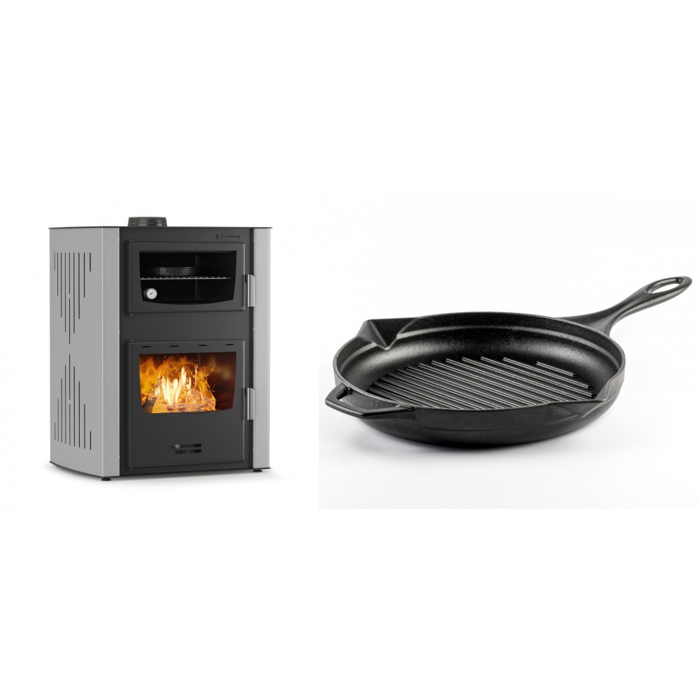 Set Kaminofen, Holzofen Wasserführend mit Backfach Velmora Fire ATS HYDRO ΜΑSΙΝΑ 90-30, 35kW + Emaillierte grillpfanne Gusseisen Solagio, Black Onyx, Ф28cm