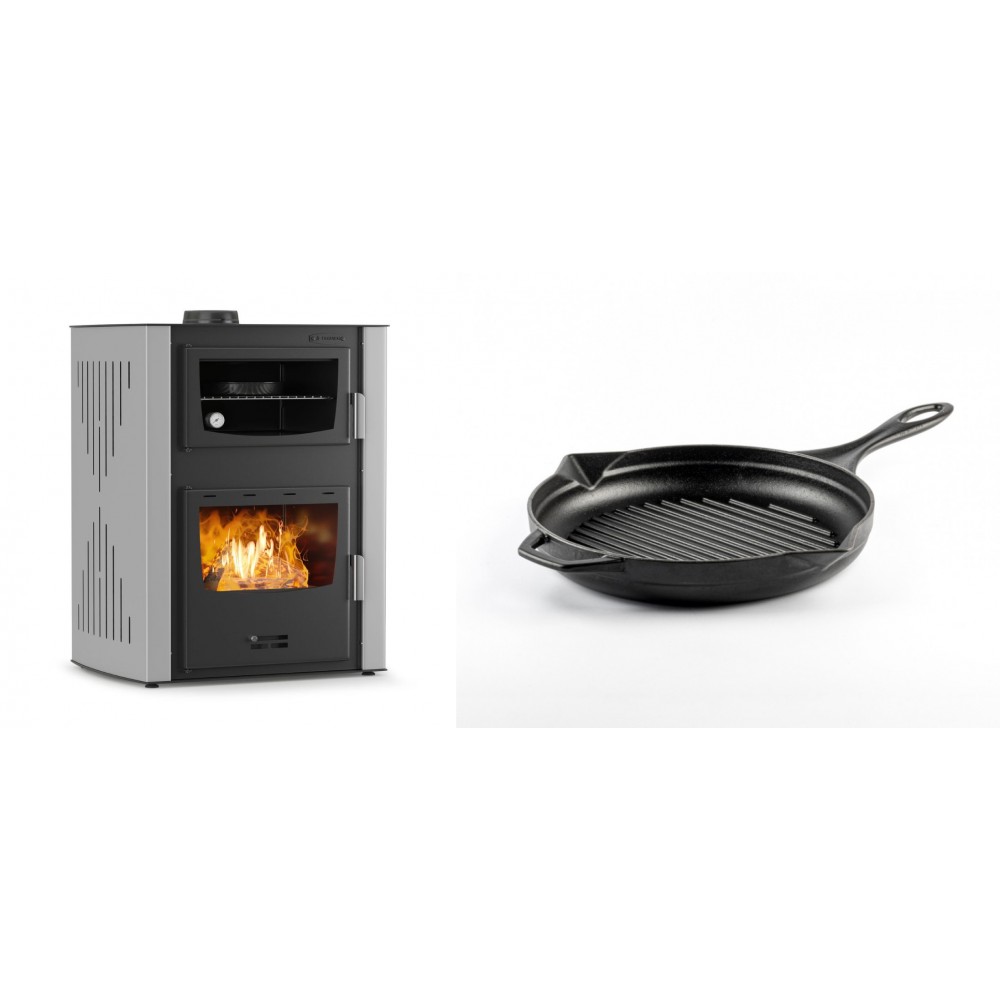 Set Kaminofen, Holzofen Wasserführend mit Backfach Velmora Fire ATS HYDRO ΜΑSΙΝΑ 90-30, 35kW + Emaillierte grillpfanne Gusseisen Solagio, Black Onyx, Ф24cm