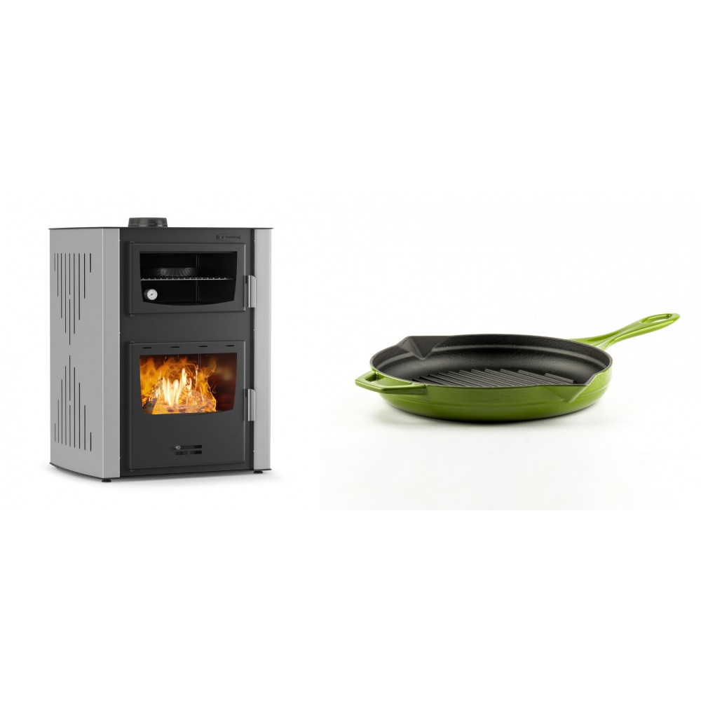 Set Kaminofen, Holzofen Wasserführend mit Backfach Velmora Fire ATS HYDRO ΜΑSΙΝΑ 90-30, 35kW + Emaillierte grillpfanne Gusseisen Solagio, Bamboo, Ф24cm | Holzofen | Kaminofen |