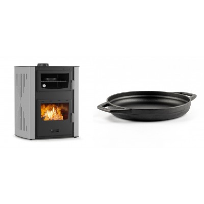 Set Kaminofen, Holzofen Wasserführend mit Backfach Velmora Fire ATS HYDRO ΜΑSΙΝΑ 90-30, 35kW + Emaillierte gusseisenpfanne mit zwei Griffen Solagio, Black Onyx, Ф22cm - Kaminofen - Holzofen mit Backfach