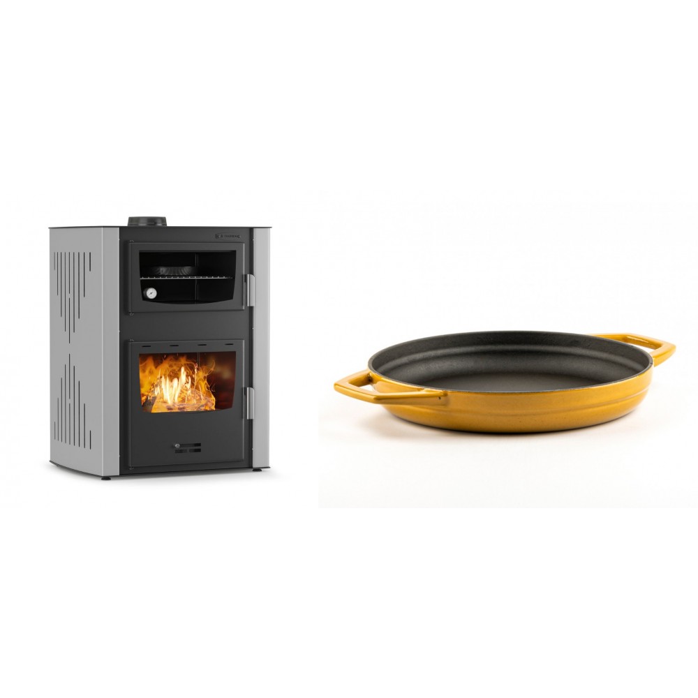 Set Kaminofen, Holzofen Wasserführend mit Backfach Velmora Fire ATS HYDRO ΜΑSΙΝΑ 90-30, 35kW + Emaillierte gusseisenpfanne mit zwei Griffen Solagio, Dijon, Ф22cm