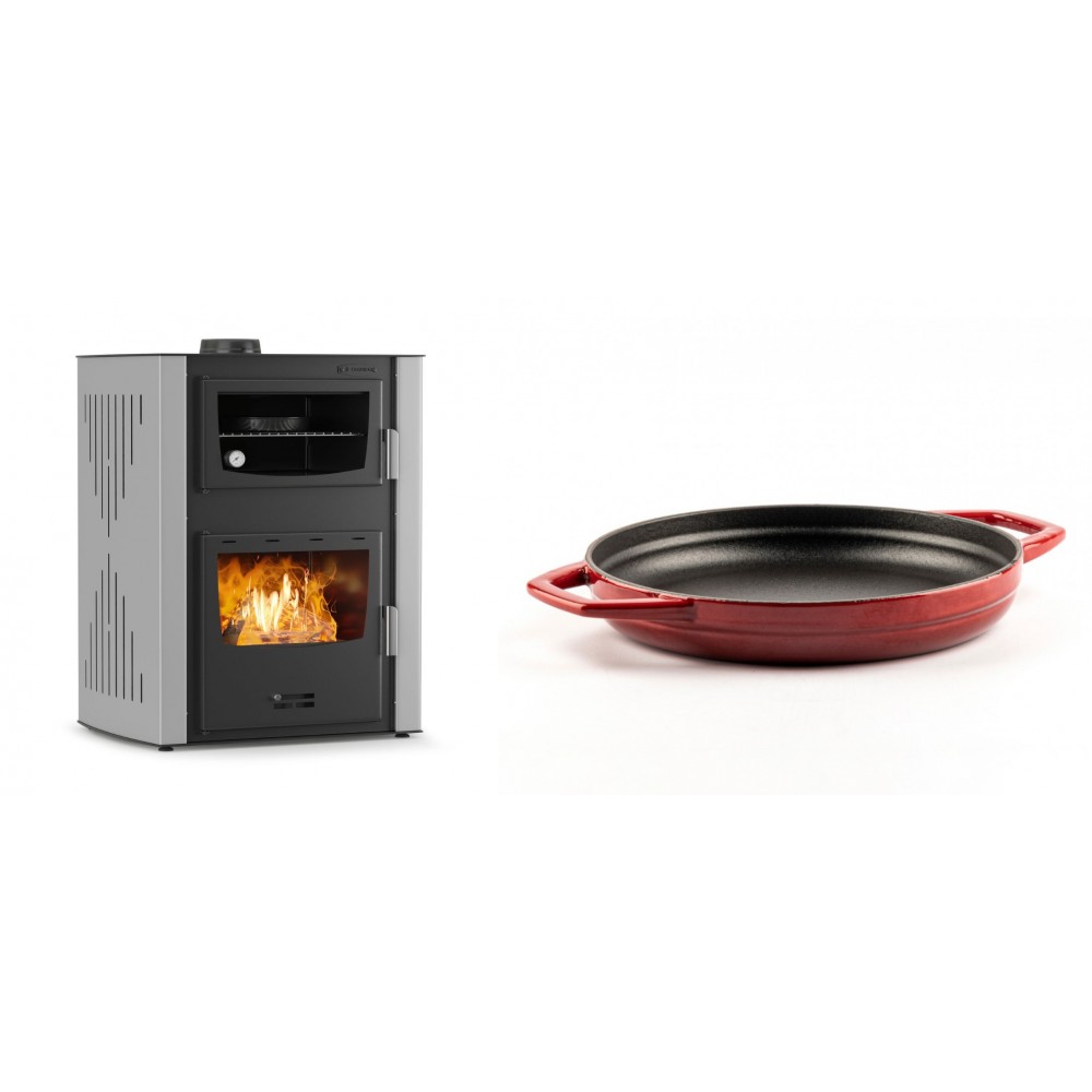 Set Kaminofen, Holzofen Wasserführend mit Backfach Velmora Fire ATS HYDRO ΜΑSΙΝΑ 90-30, 35kW + Emaillierte gusseisenpfanne mit zwei Griffen Solagio, Rubin, Ф22cm | Holzofen | Kaminofen |