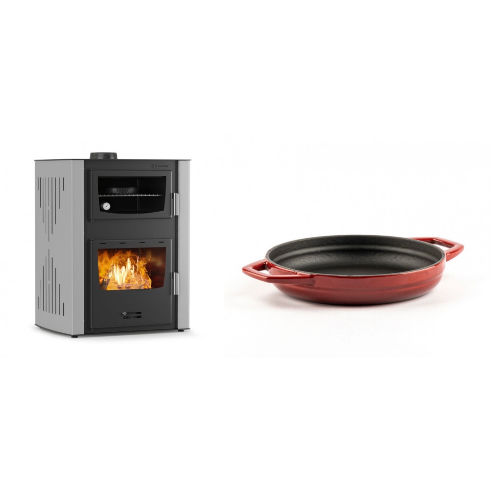 Set Kaminofen, Holzofen Wasserführend mit Backfach Velmora Fire ATS HYDRO ΜΑSΙΝΑ 90-30, 35kW + Emaillierte gusseisenpfanne mit zwei Griffen Solagio, Rubin, Ф19cm