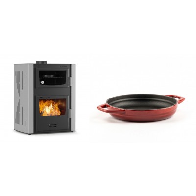 Set Kaminofen, Holzofen Wasserführend mit Backfach Velmora Fire ATS HYDRO ΜΑSΙΝΑ 90-30, 35kW + Emaillierte gusseisenpfanne mit zwei Griffen Solagio, Rubin, Ф19cm - Kaminofen - Holzofen mit Backfach