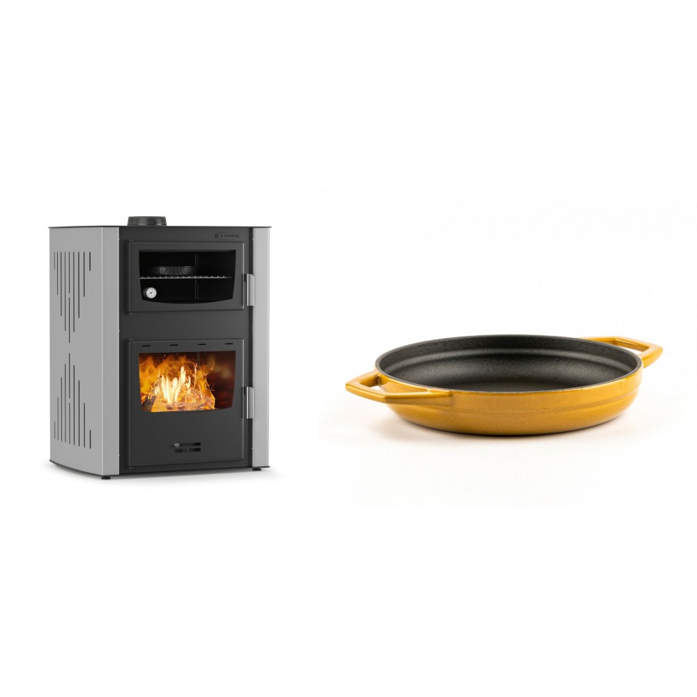 Set Kaminofen, Holzofen Wasserführend mit Backfach Velmora Fire ATS HYDRO ΜΑSΙΝΑ 90-30, 35kW + Emaillierte gusseisenpfanne mit zwei Griffen Solagio, Dijon, Ф19cm
