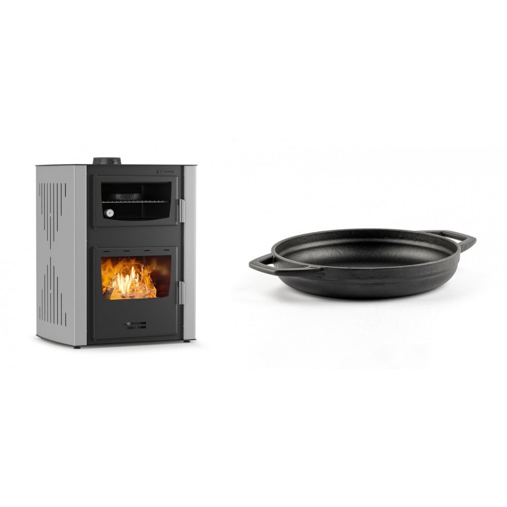 Set Kaminofen, Holzofen Wasserführend mit Backfach Velmora Fire ATS HYDRO ΜΑSΙΝΑ 90-30, 35kW + Emaillierte gusseisenpfanne mit zwei Griffen Solagio, Black Onyx, Ф19cm | Holzofen | Kaminofen |