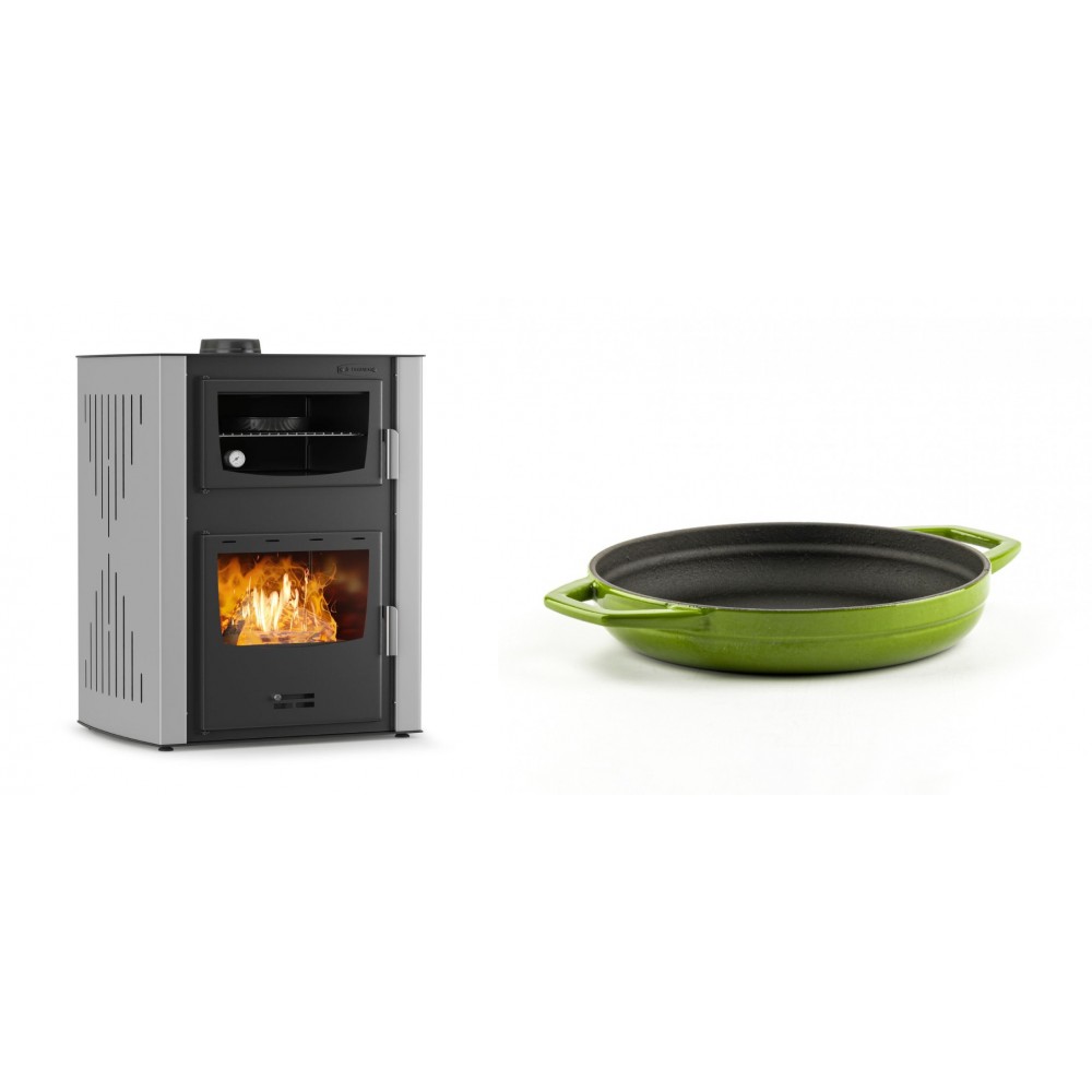 Set Kaminofen, Holzofen Wasserführend mit Backfach Velmora Fire ATS HYDRO ΜΑSΙΝΑ 90-30, 35kW + Emaillierte gusseisenpfanne mit zwei Griffen Solagio, Bamboo, Ф19cm
