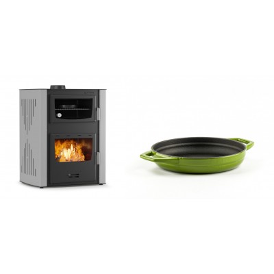 Set Kaminofen, Holzofen Wasserführend mit Backfach Velmora Fire ATS HYDRO ΜΑSΙΝΑ 90-30, 35kW + Emaillierte gusseisenpfanne mit zwei Griffen Solagio, Bamboo, Ф16cm - Kaminofen - Holzofen mit Backfach