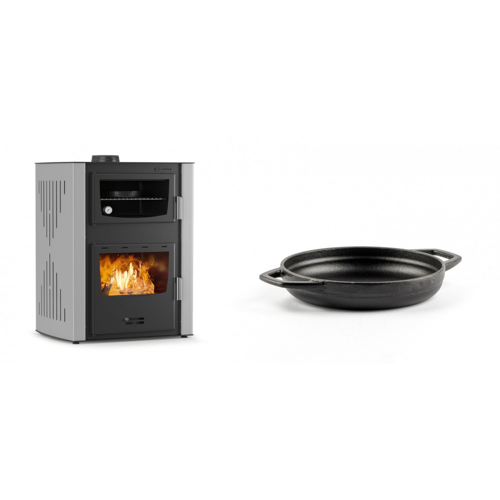 Set Kaminofen, Holzofen Wasserführend mit Backfach Velmora Fire ATS HYDRO ΜΑSΙΝΑ 90-30, 35kW + Emaillierte gusseisenpfanne mit zwei Griffen Solagio, Black Onyx, Ф16cm | Holzofen | Kaminofen |