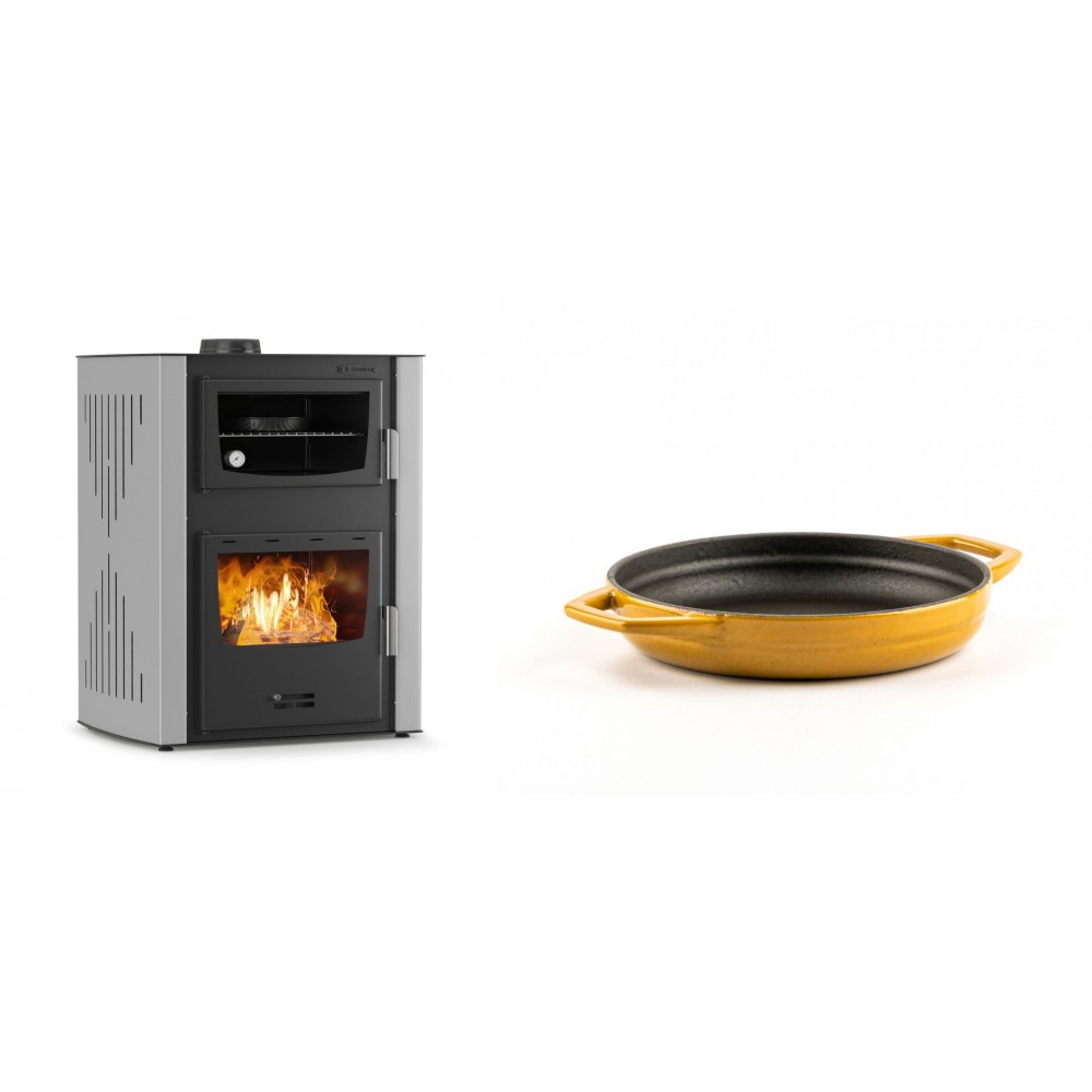 Set Kaminofen, Holzofen Wasserführend mit Backfach Velmora Fire ATS HYDRO ΜΑSΙΝΑ 90-30, 35kW + Emaillierte gusseisenpfanne mit zwei Griffen Solagio, Dijon, Ф16cm