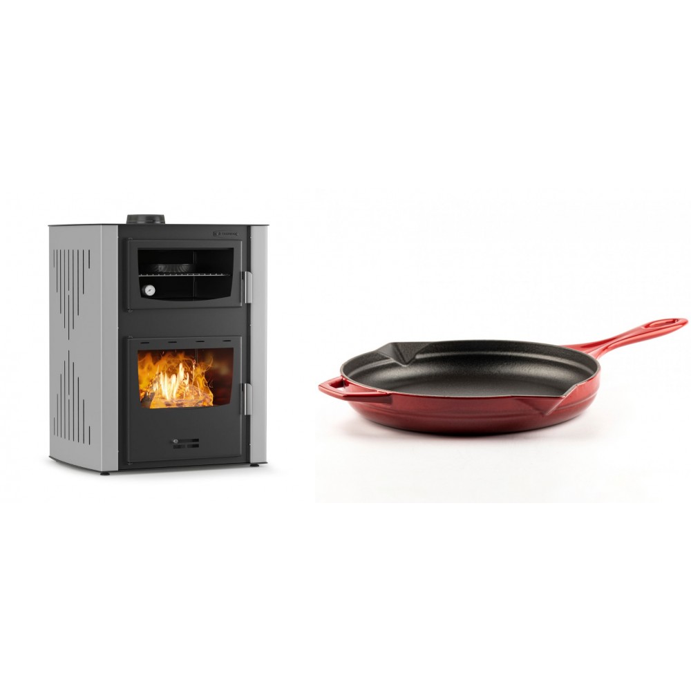 Set Kaminofen, Holzofen Wasserführend mit Backfach Velmora Fire ATS HYDRO ΜΑSΙΝΑ 90-30, 35kW + Emaillierte Gusseisenpfanne Solagio, Rubin, Ф28cm