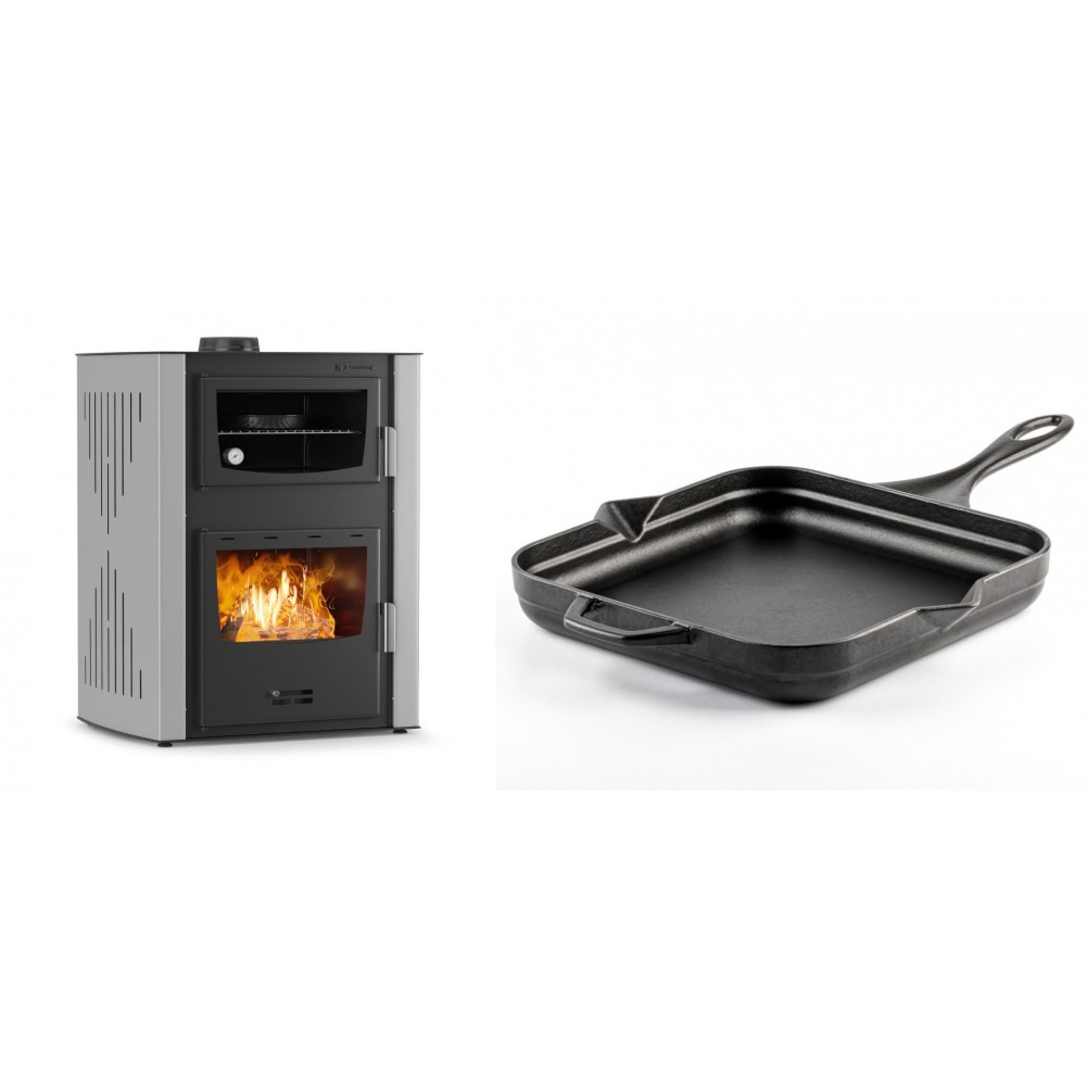 Set Kaminofen, Holzofen Wasserführend mit Backfach Velmora Fire ATS HYDRO ΜΑSΙΝΑ 90-30, 35kW + Emaillierte Gusseisenpfanne Solagio, Black Onyx, 28x28cm