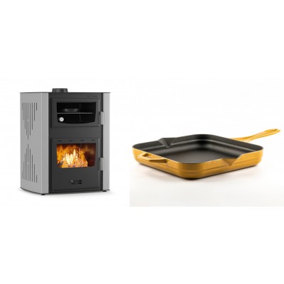 Set Kaminofen, Holzofen Wasserführend mit Backfach Velmora Fire ATS HYDRO ΜΑSΙΝΑ 90-30, 35kW + Emaillierte Gusseisenpfanne Solagio, Dijon, 28x28cm - Kaminofen - Holzofen mit Backfach