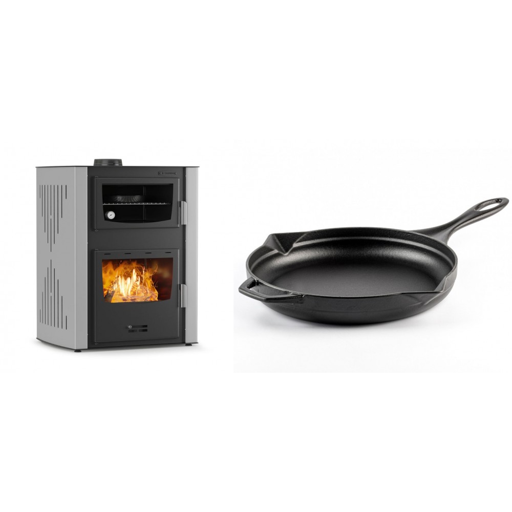 Set Kaminofen, Holzofen Wasserführend mit Backfach Velmora Fire ATS HYDRO ΜΑSΙΝΑ 90-30, 35kW + Emaillierte Gusseisenpfanne Solagio, Black Onyx, Ф28cm