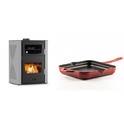 Set Kaminofen, Holzofen Wasserführend mit Backfach Velmora Fire ATS HYDRO ΜΑSΙΝΑ 90-30, 35kW + Emaillierte Gusseisenpfanne Solagio, Rubin, 28x28cm - Kaminofen - Holzofen mit Backfach