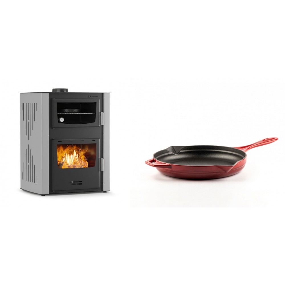 Set Kaminofen, Holzofen Wasserführend mit Backfach Velmora Fire ATS HYDRO ΜΑSΙΝΑ 90-30, 35kW + Emaillierte Gusseisenpfanne Solagio, Rubin, Ф24cm