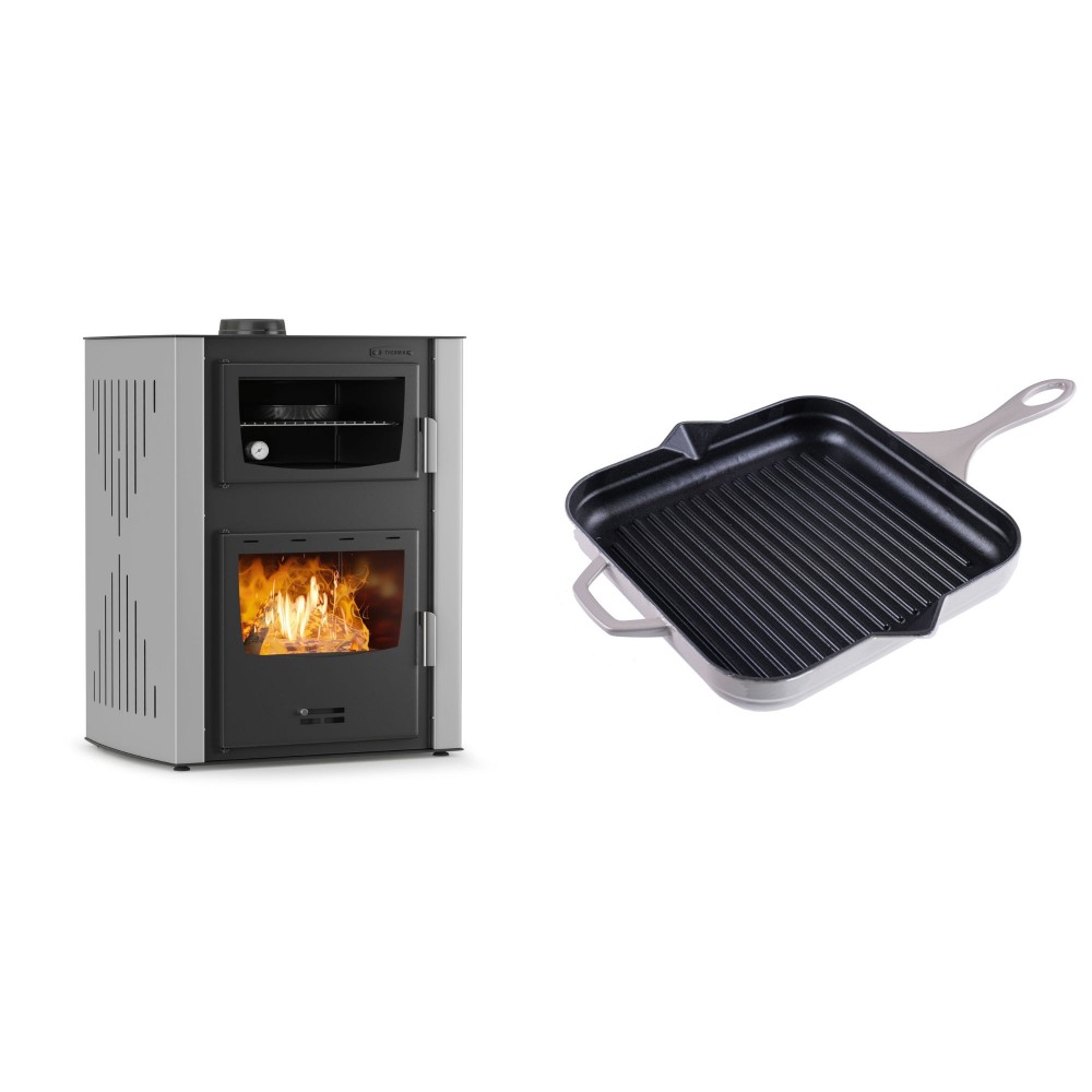 Set Kaminofen, Holzofen Wasserführend mit Backfach Velmora Fire ATS HYDRO ΜΑSΙΝΑ 90-30, 35kW + Emaillierte grillpfanne Gusseisen Solagio, Ivory, 28x28cm