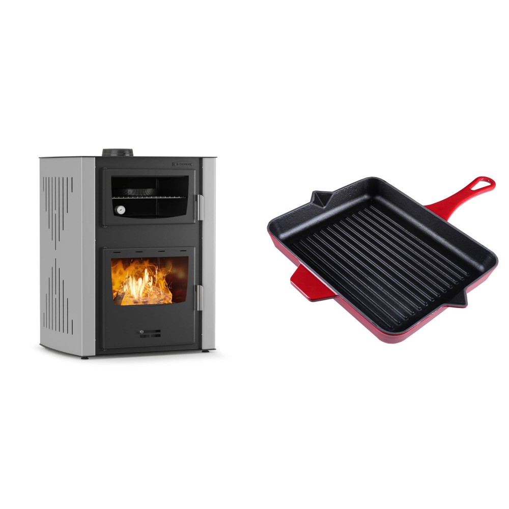 Set Kaminofen, Holzofen Wasserführend mit Backfach Velmora Fire ATS HYDRO ΜΑSΙΝΑ 90-30, 35kW + Emaillierte grillpfanne Gusseisen Solagio, Rubin, 26x32cm
