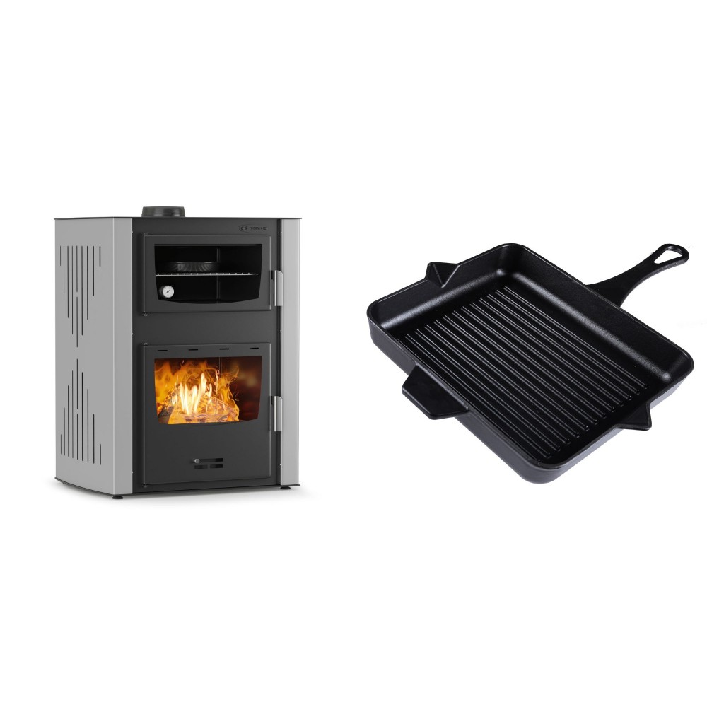 Set Kaminofen, Holzofen Wasserführend mit Backfach Velmora Fire ATS HYDRO ΜΑSΙΝΑ 90-30, 35kW + Emaillierte grillpfanne Gusseisen Solagio, Black Onyx, 26x32cm | Holzofen | Kaminofen |