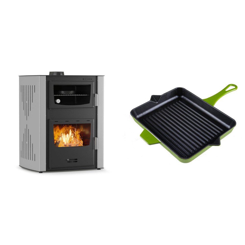 Set Kaminofen, Holzofen Wasserführend mit Backfach Velmora Fire ATS HYDRO ΜΑSΙΝΑ 90-30, 35kW + Emaillierte grillpfanne Gusseisen Solagio, Bamboo, 26x32cm | Holzofen | Kaminofen |