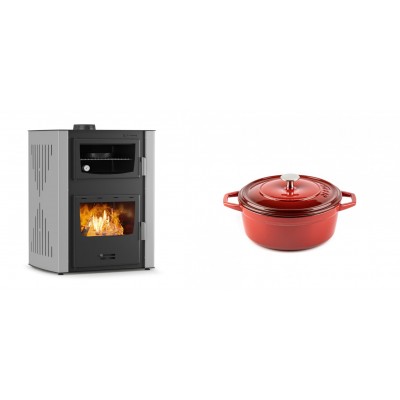 Set Kaminofen, Holzofen Wasserführend mit Backfach Velmora Fire ATS HYDRO ΜΑSΙΝΑ 90-30, 35kW + Gusseisen Topf Tiefer Solagio, Rubin, Ф12 - Kaminofen - Holzofen mit Backfach