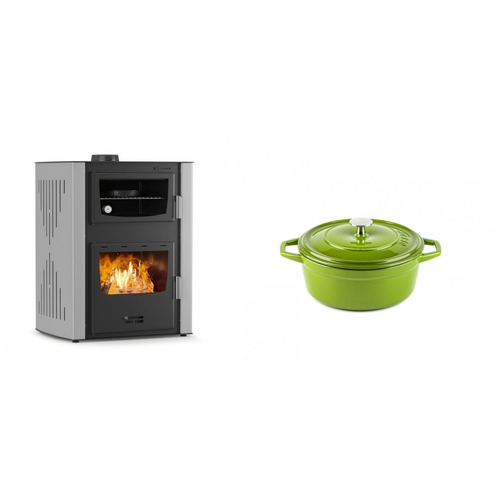 Set Kaminofen, Holzofen Wasserführend mit Backfach Velmora Fire ATS HYDRO ΜΑSΙΝΑ 90-30, 35kW + Gusseisen Topf Tiefer Solagio, Bamboo, Ф12