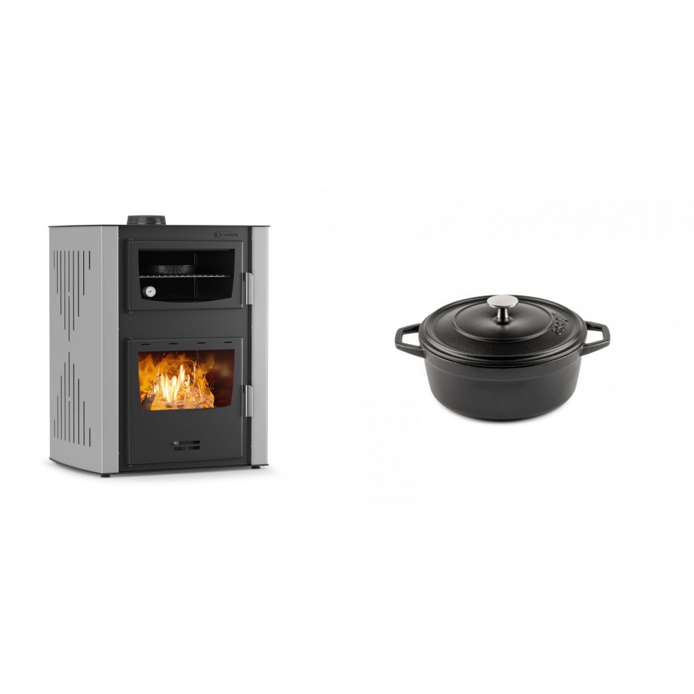 Set Kaminofen, Holzofen Wasserführend mit Backfach Velmora Fire ATS HYDRO ΜΑSΙΝΑ 90-30, 35kW + Gusseisen Topf Tiefer Solagio, Black Onyx, Ф12