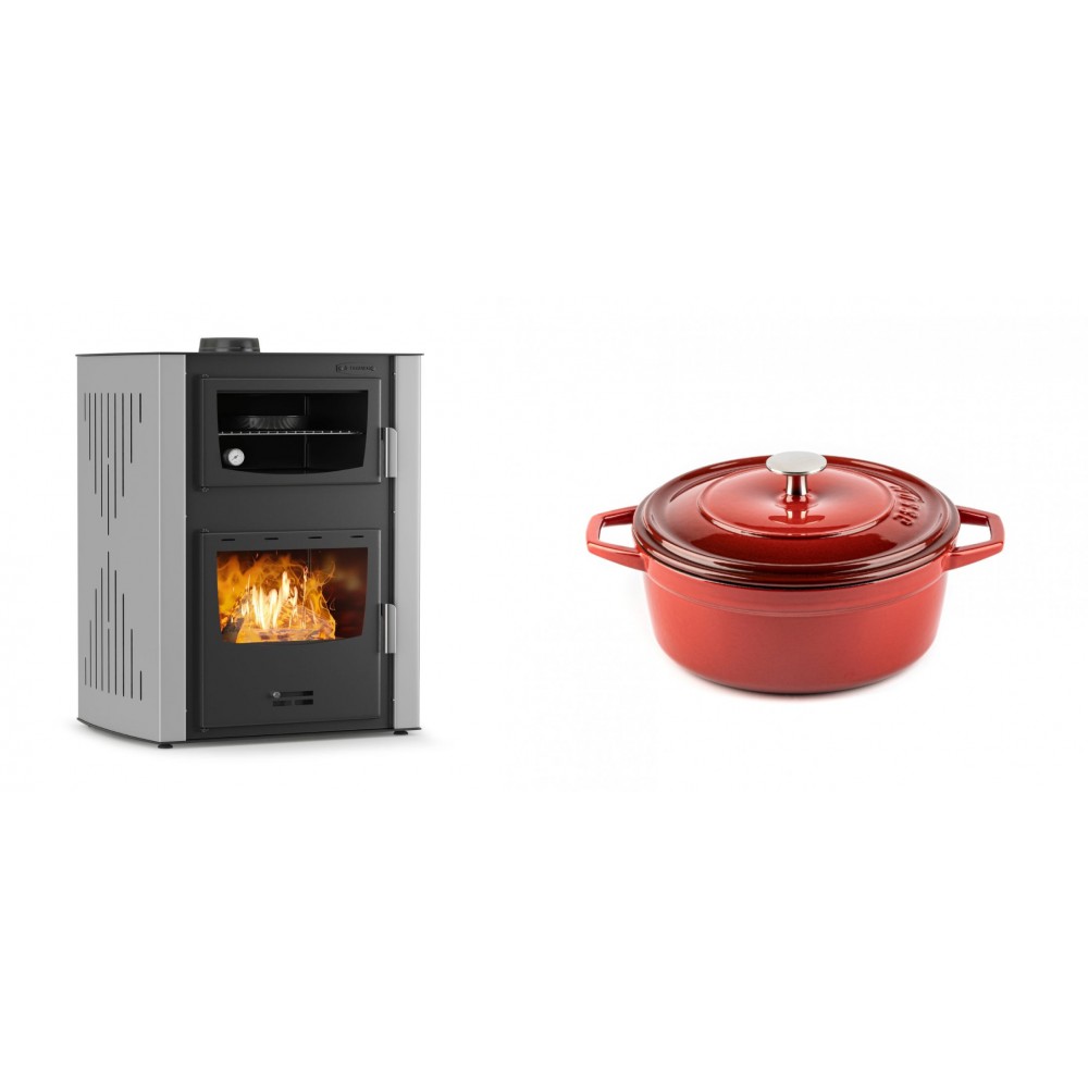 Set Kaminofen, Holzofen Wasserführend mit Backfach Velmora Fire ATS HYDRO ΜΑSΙΝΑ 90-30, 35kW + Gusseisen Topf Tiefer Solagio, Rubin, Ф20