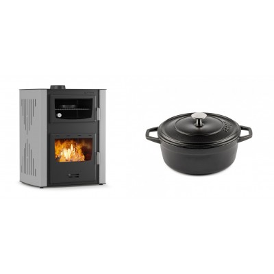 Set Kaminofen, Holzofen Wasserführend mit Backfach Velmora Fire ATS HYDRO ΜΑSΙΝΑ 90-30, 35kW + Gusseisen Topf Tiefer Solagio, Black Onyx, Ф20 - Kaminofen - Holzofen mit Backfach