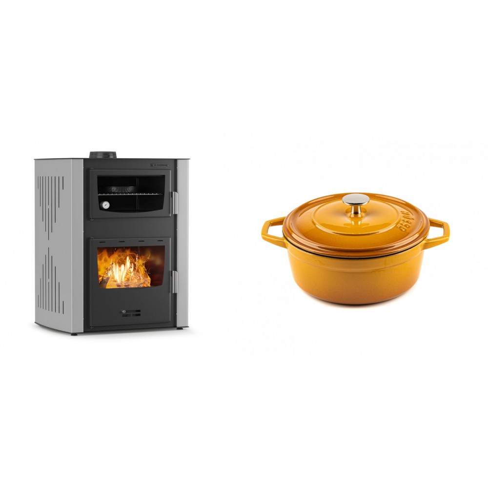 Set Kaminofen, Holzofen Wasserführend mit Backfach Velmora Fire ATS HYDRO ΜΑSΙΝΑ 90-30, 35kW + Gusseisen Topf Tiefer Solagio, Dijon, Ф20