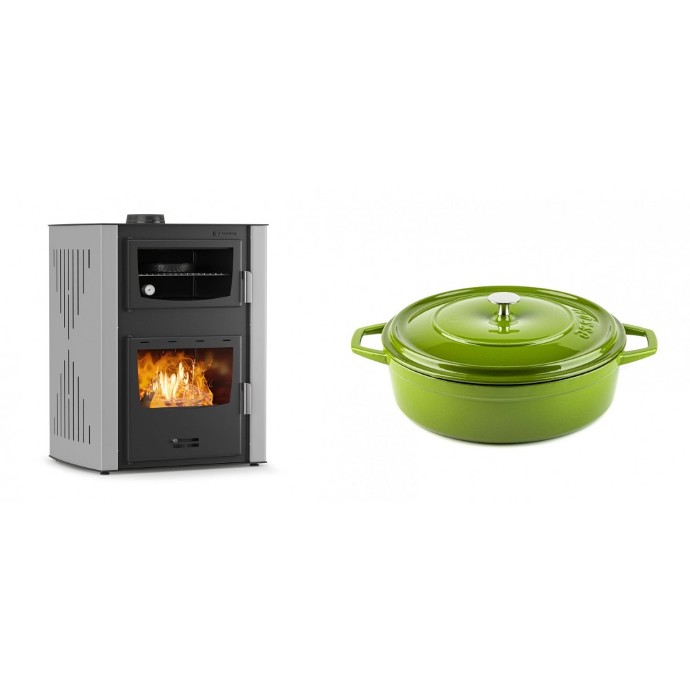 Set Kaminofen, Holzofen Wasserführend mit Backfach Velmora Fire ATS HYDRO ΜΑSΙΝΑ 90-30, 35kW + Gusseisen Topf Flach Solagio, Bamboo, Ф26 | Holzofen | Kaminofen |