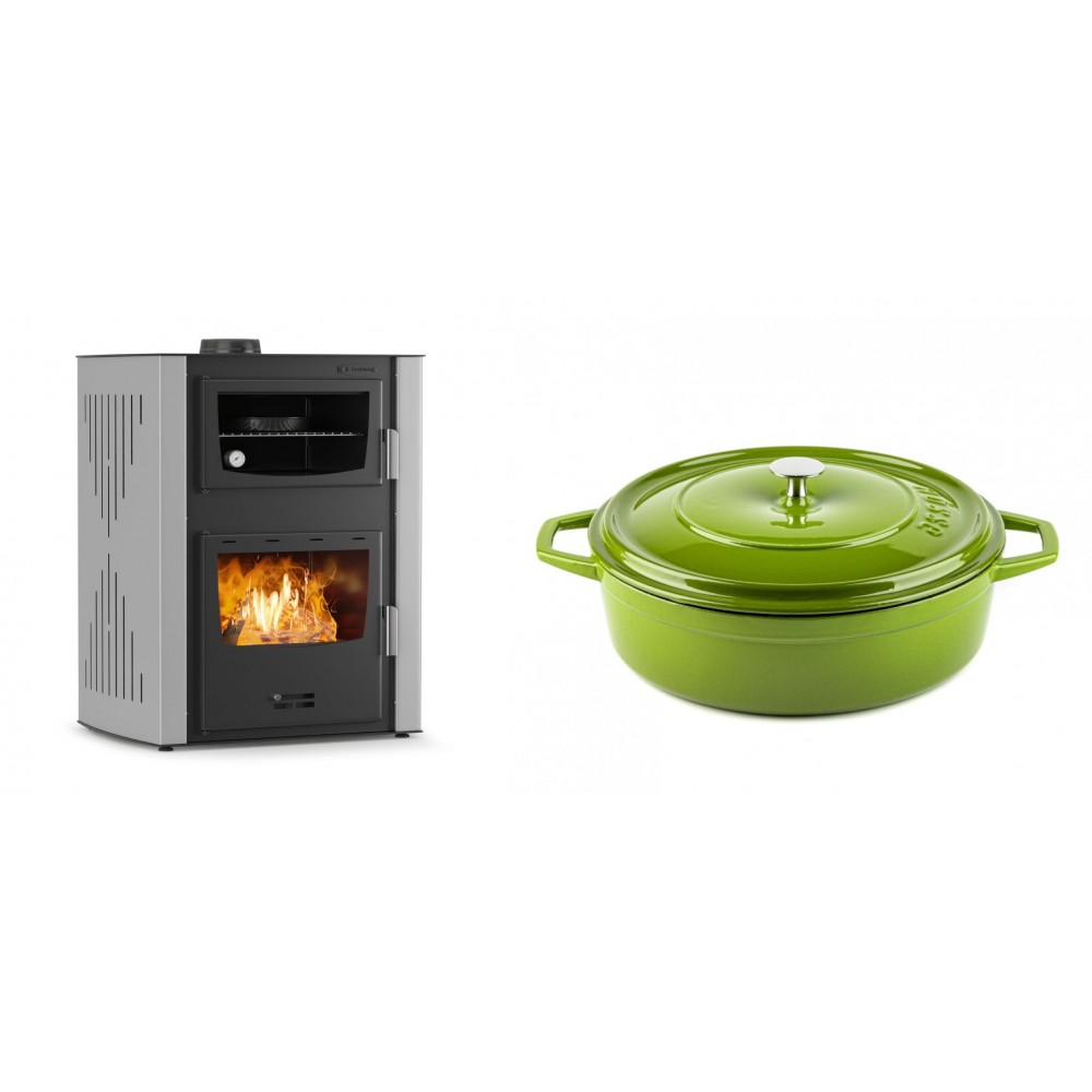 Set Kaminofen, Holzofen Wasserführend mit Backfach Velmora Fire ATS HYDRO ΜΑSΙΝΑ 90-30, 35kW + Gusseisen Topf Flach Solagio, Bamboo, Ф28