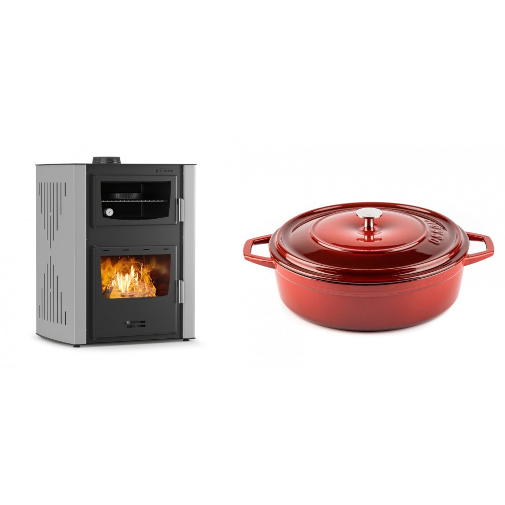 Set Kaminofen, Holzofen Wasserführend mit Backfach Velmora Fire ATS HYDRO ΜΑSΙΝΑ 90-30, 35kW + Gusseisen Topf Flach Solagio, Rubin, Ф28