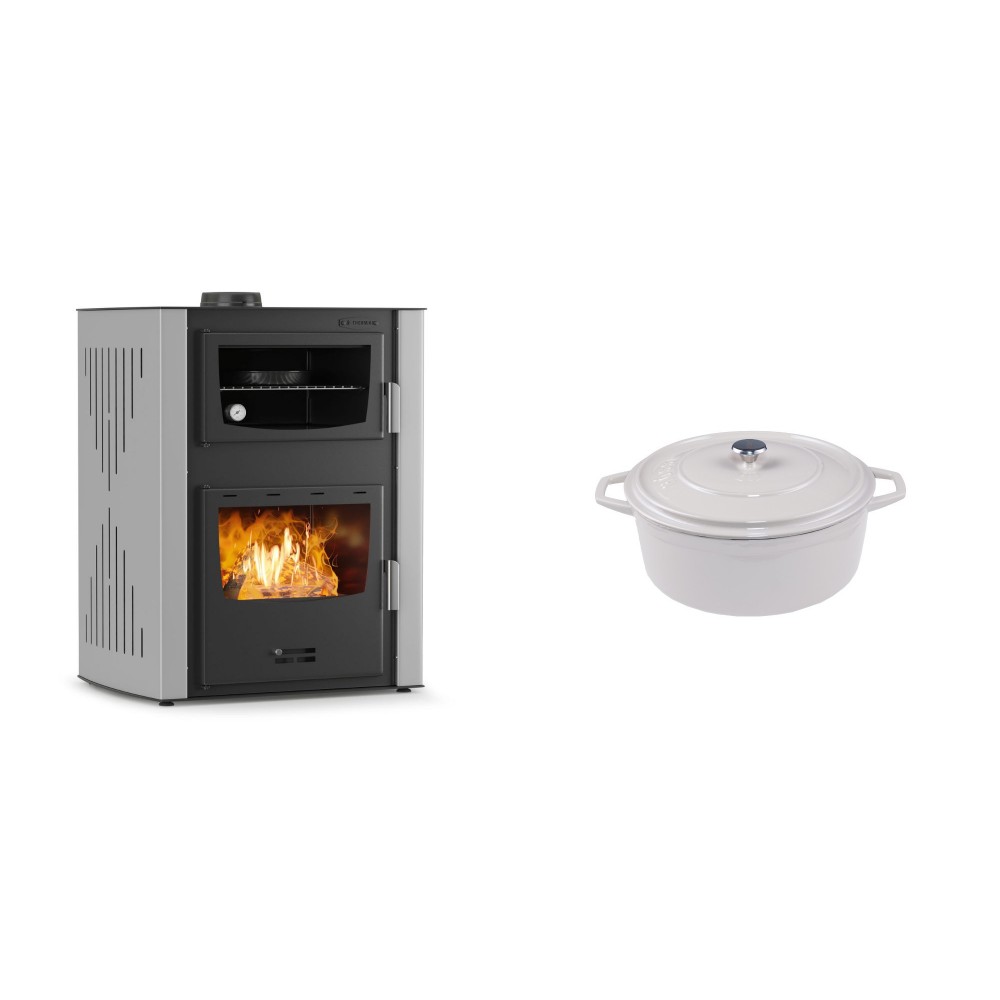 Set Kaminofen, Holzofen Wasserführend mit Backfach Velmora Fire ATS HYDRO ΜΑSΙΝΑ 90-30, 35kW + Gusseisen Topf Tiefer Solagio, Ivory, Ф12