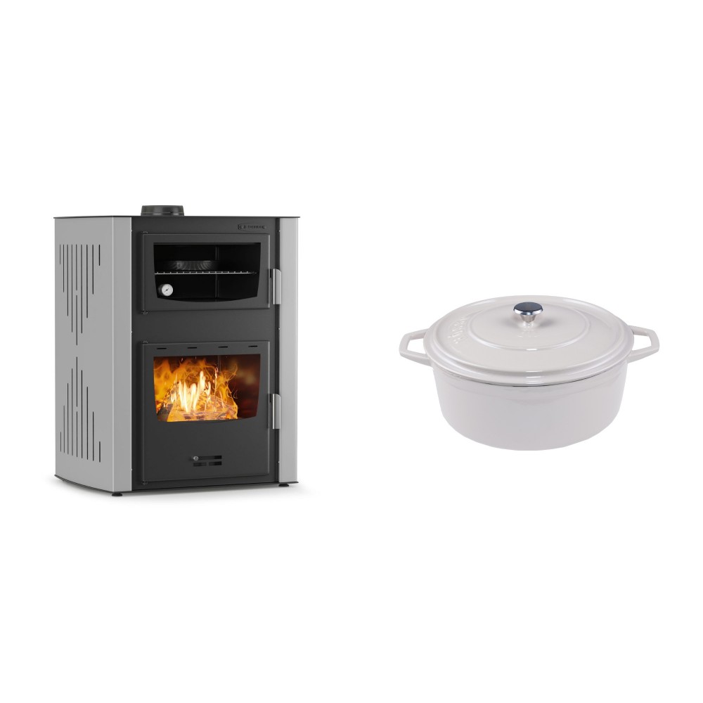 Set Kaminofen, Holzofen Wasserführend mit Backfach Velmora Fire ATS HYDRO ΜΑSΙΝΑ 90-30, 35kW + Gusseisen Topf Tiefer Solagio, Ivory, Ф20