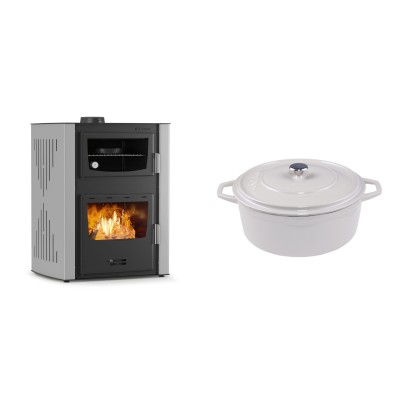 Set Kaminofen, Holzofen Wasserführend mit Backfach Velmora Fire ATS HYDRO ΜΑSΙΝΑ 90-30, 35kW + Gusseisen Topf Tiefer Solagio, Ivory, Ф24 - Kaminofen - Holzofen mit Backfach