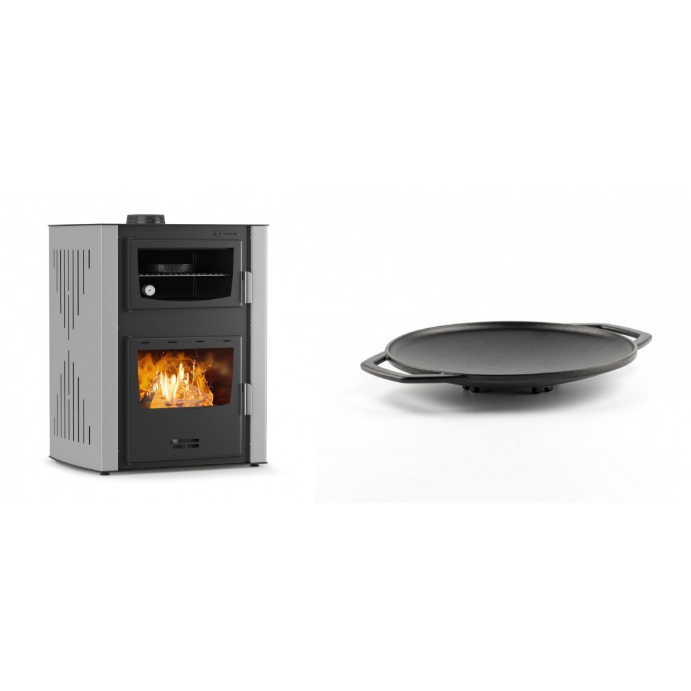 Set Kaminofen, Holzofen Wasserführend mit Backfach Velmora Fire ATS HYDRO ΜΑSΙΝΑ 90-30, 35kW + Backplatte aus Gusseisen Solagio, Ф28cm