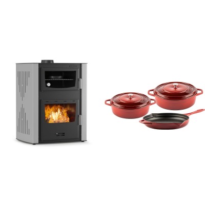 Set Kaminofen, Holzofen Wasserführend mit Backfach Velmora Fire ATS HYDRO ΜΑSΙΝΑ 90-30, 35kW + Gusseisen Topf Set aus 3 teilen Solagio, Rubin - Kaminofen - Holzofen mit Backfach