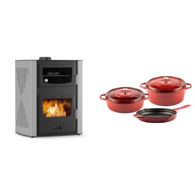 Set Kaminofen, Holzofen Wasserführend mit Backfach Velmora Fire ATS HYDRO ΜΑSΙΝΑ 90-30, 35kW + Gusseisen Topf Set aus 3 teilen Solagio, Rubin - Kaminofen - Holzofen mit Backfach