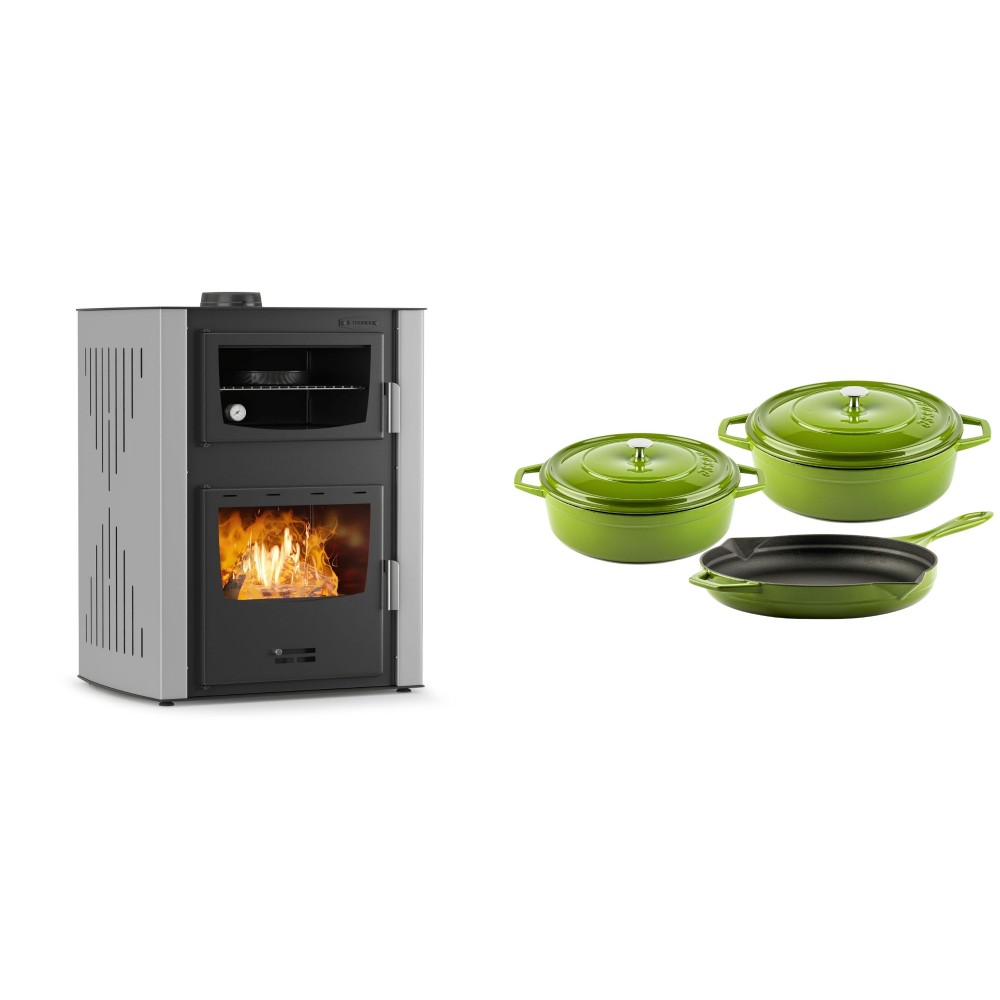 Set Kaminofen, Holzofen Wasserführend mit Backfach Velmora Fire ATS HYDRO ΜΑSΙΝΑ 90-30, 35kW + Gusseisen Topf Set aus 3 teilen Solagio, Bamboo