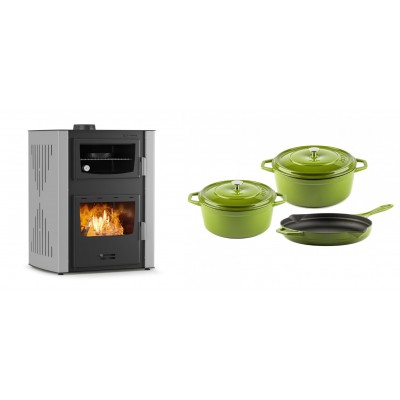 Set Kaminofen, Holzofen Wasserführend mit Backfach Velmora Fire ATS HYDRO ΜΑSΙΝΑ 90-30, 35kW + Gusseisen Topf Set aus 3 teilen Solagio, Bamboo - Kaminofen - Holzofen mit Backfach