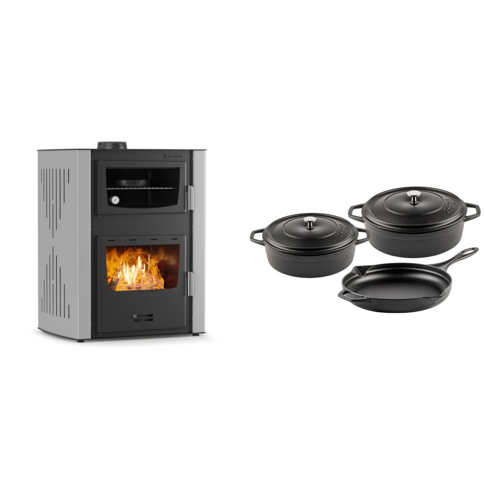 Set Kaminofen, Holzofen Wasserführend mit Backfach Velmora Fire ATS HYDRO ΜΑSΙΝΑ 90-30, 35kW + Gusseisen Topf Set aus 3 teilen Solagio, Black Onyx | Holzofen | Kaminofen |
