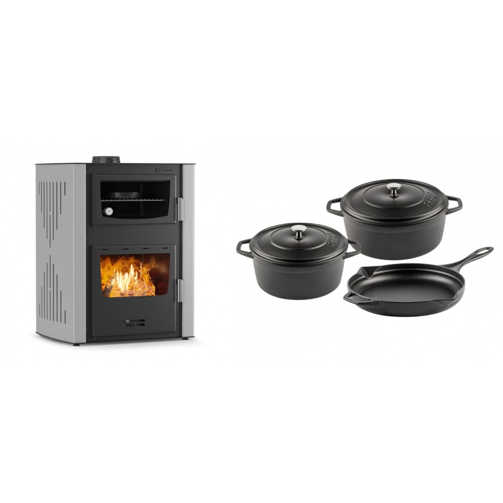 Set Kaminofen, Holzofen Wasserführend mit Backfach Velmora Fire ATS HYDRO ΜΑSΙΝΑ 90-30, 35kW + Gusseisen Topf Set aus 3 teilen Solagio, Black Onyx | Holzofen | Kaminofen |