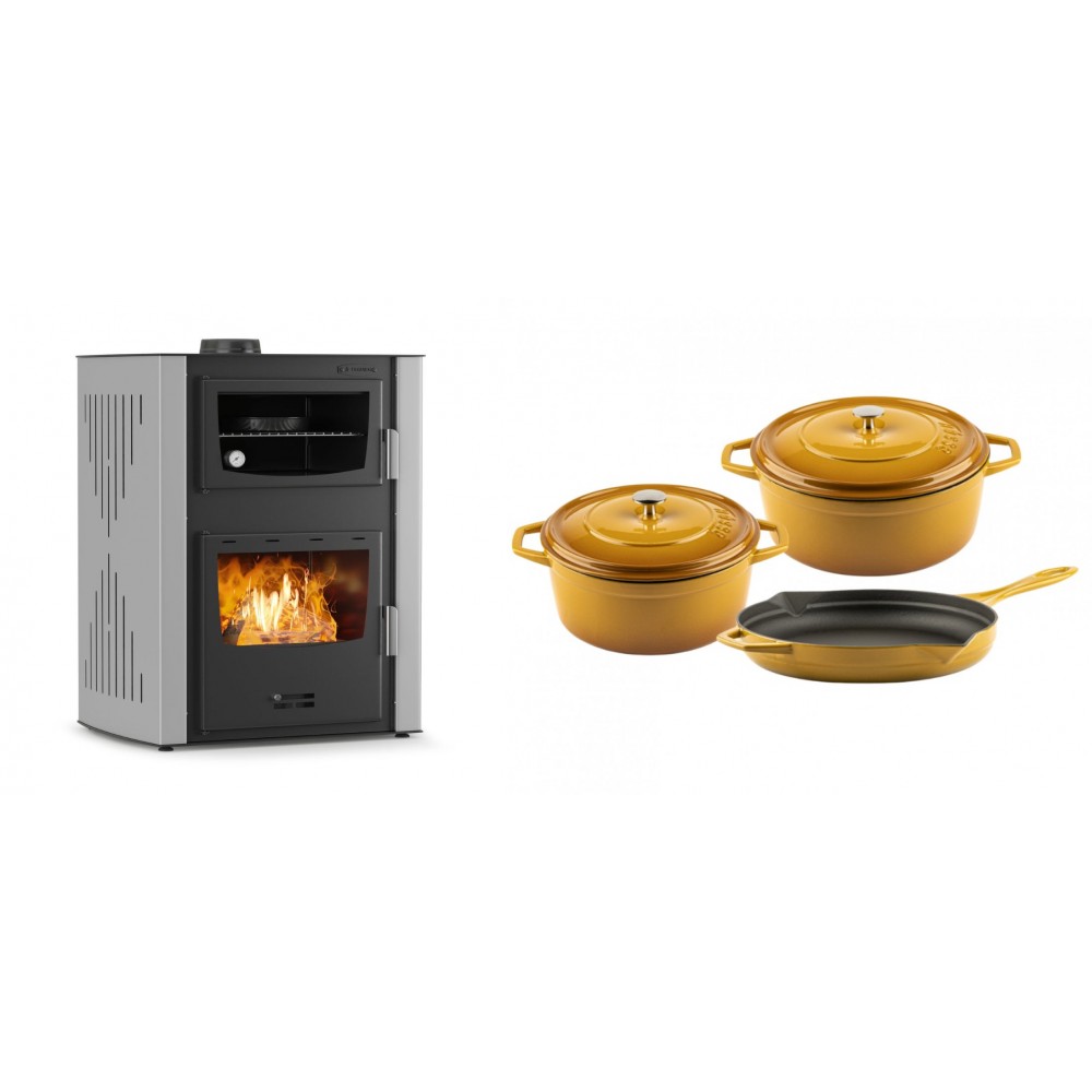 Set Kaminofen, Holzofen Wasserführend mit Backfach Velmora Fire ATS HYDRO ΜΑSΙΝΑ 90-30, 35kW + Gusseisen Topf Set aus 3 teilen Solagio, Dijon