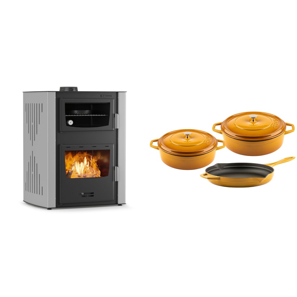 Set Kaminofen, Holzofen Wasserführend mit Backfach Velmora Fire ATS HYDRO ΜΑSΙΝΑ 90-30, 35kW + Gusseisen Topf Set aus 3 teilen Solagio, Dijon | Holzofen | Kaminofen |