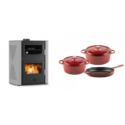 Set Kaminofen, Holzofen Wasserführend mit Backfach Velmora Fire ATS HYDRO ΜΑSΙΝΑ 90-30, 35kW + Gusseisen Topf Set aus 3 teilen Solagio, Rubin - Kaminofen - Holzofen mit Backfach